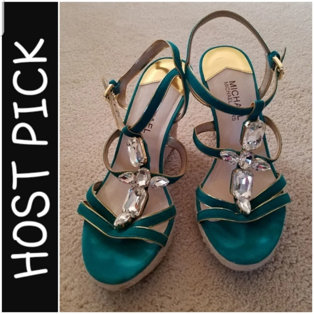AUTHENTIC Michael Kors Aqua & Gold Suede Espadrille Wedge Sandals - size 7